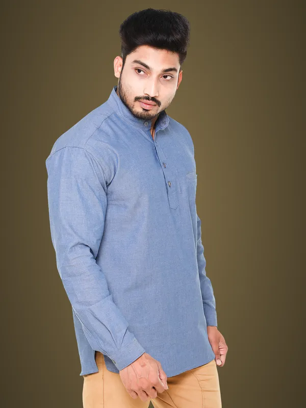 Navy_Blue_Chambray_Plus_Size_Linen_Chinese_Collar_Full_Sleeve_Short_Kurta_For_Men
