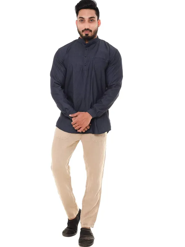 Blue_Denim_Plus_Size_Linen_Chinese_Collar_Full_Sleeve_Short_Kurta_For_Men