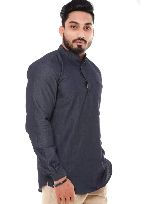 Blue_Denim_Plus_Size_Linen_Chinese_Collar_Full_Sleeve_Short_Kurta_For_Men