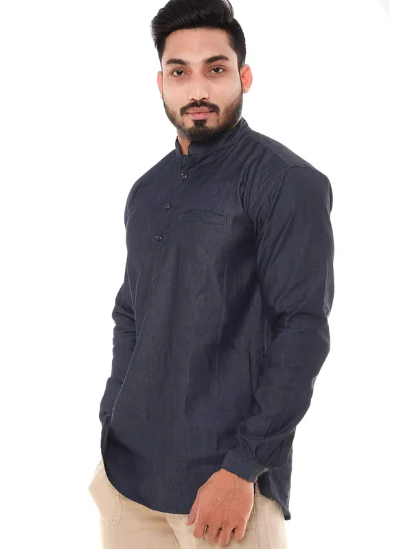 Blue_Denim_Plus_Size_Linen_Chinese_Collar_Full_Sleeve_Short_Kurta_For_Men