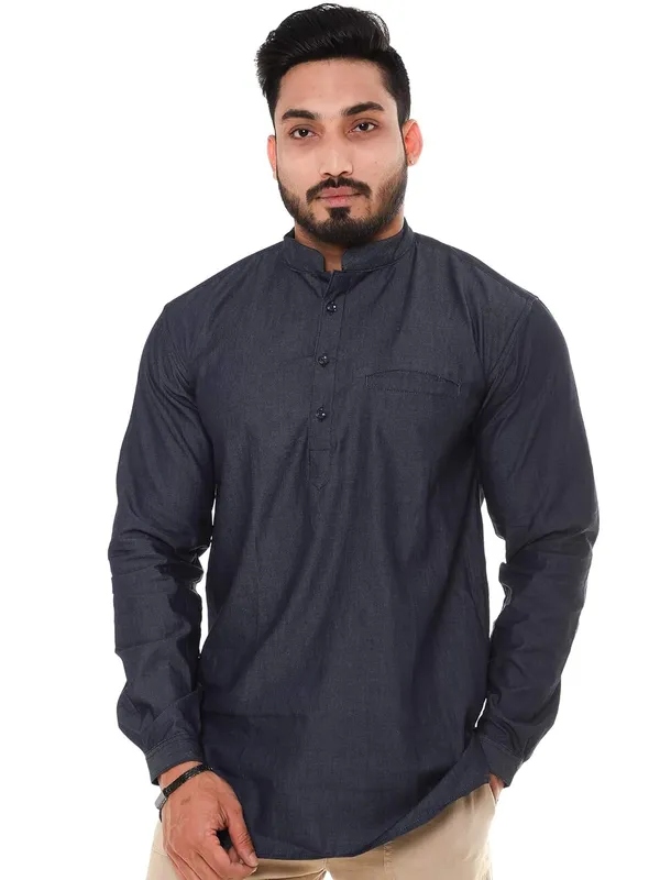 Blue_Denim_Plus_Size_Linen_Chinese_Collar_Full_Sleeve_Short_Kurta_For_Men