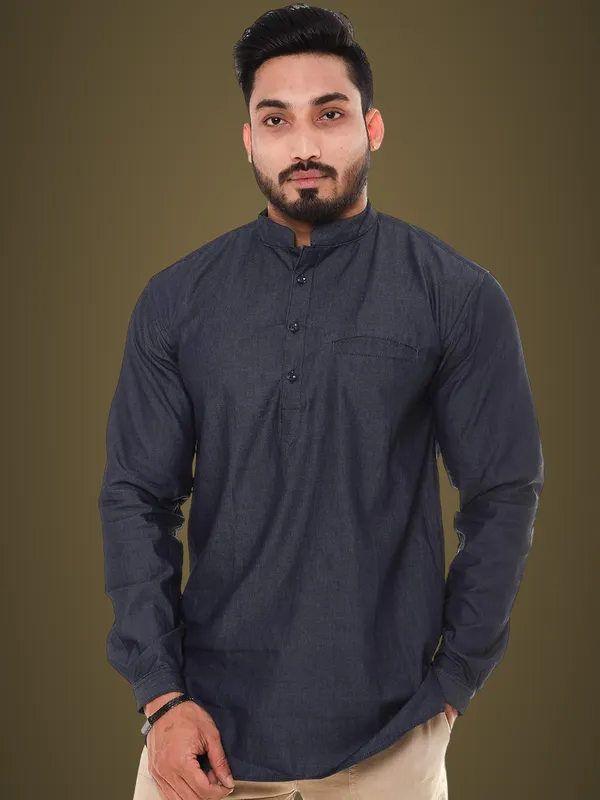 Blue_Denim_Plus_Size_Linen_Chinese_Collar_Full_Sleeve_Short_Kurta_For_Men