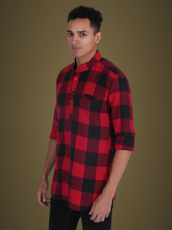 Red_Checks_Plus_Size_Linen_Chinese_Collar_Full_Sleeve_Short_Kurta_For_Men