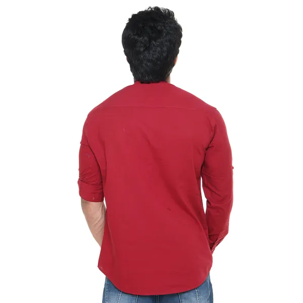 Maroon_Plus_Size_Linen_Chinese_Collar_Full_Sleeve_Short_Kurta_For_Men