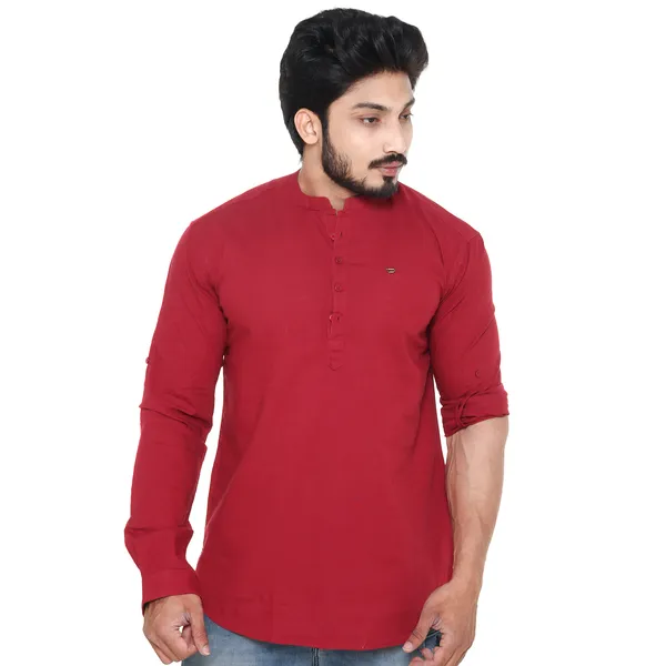 Maroon_Plus_Size_Linen_Chinese_Collar_Full_Sleeve_Short_Kurta_For_Men