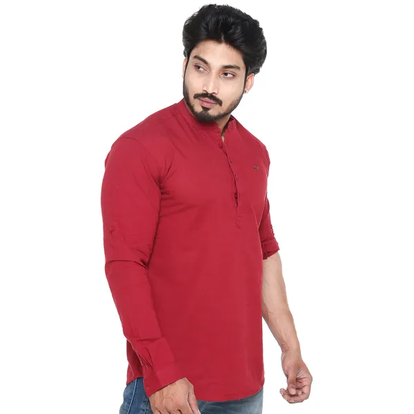 Maroon_Plus_Size_Linen_Chinese_Collar_Full_Sleeve_Short_Kurta_For_Men