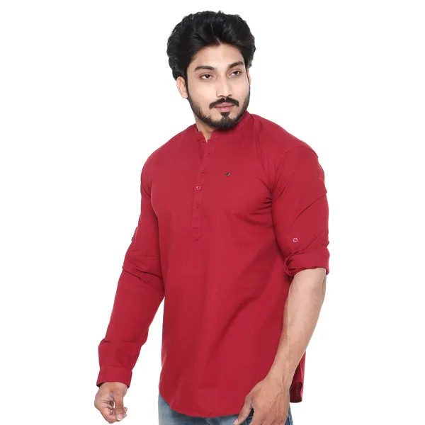 Maroon_Plus_Size_Linen_Chinese_Collar_Full_Sleeve_Short_Kurta_For_Men