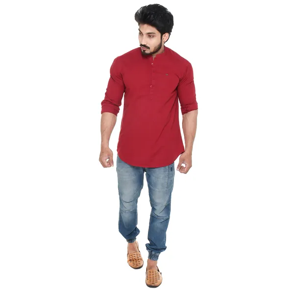Maroon_Plus_Size_Linen_Chinese_Collar_Full_Sleeve_Short_Kurta_For_Men