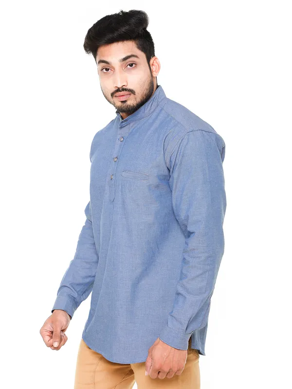 Navy_Blue_Chambray_Plus_Size_Linen_Chinese_Collar_Full_Sleeve_Short_Kurta_For_Men