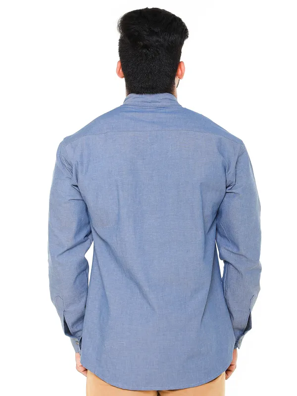 Navy_Blue_Chambray_Plus_Size_Linen_Chinese_Collar_Full_Sleeve_Short_Kurta_For_Men