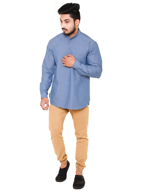 Navy_Blue_Chambray_Plus_Size_Linen_Chinese_Collar_Full_Sleeve_Short_Kurta_For_Men