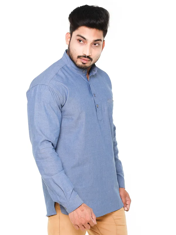 Navy_Blue_Chambray_Plus_Size_Linen_Chinese_Collar_Full_Sleeve_Short_Kurta_For_Men