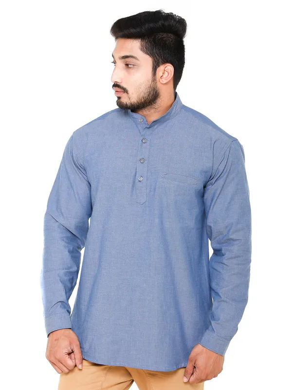 Navy_Blue_Chambray_Plus_Size_Linen_Chinese_Collar_Full_Sleeve_Short_Kurta_For_Men