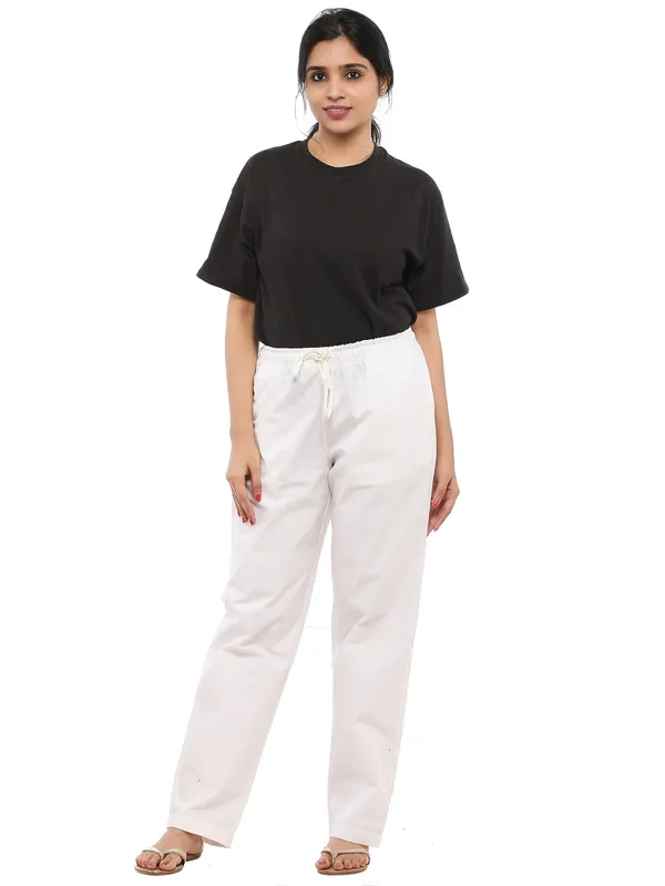 White_Plus_Size_Cotton_Linen_Solid_Lounge_Bottom_Pant_Pyjamas_For_Women