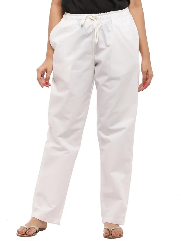 White_Plus_Size_Cotton_Linen_Solid_Lounge_Bottom_Pant_Pyjamas_For_Women