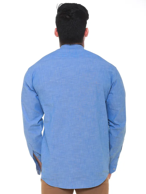 Sky_Blue_Denim_Plus_Size_Linen_Chinese_Collar_Full_Sleeve_Short_Kurta_For_Men