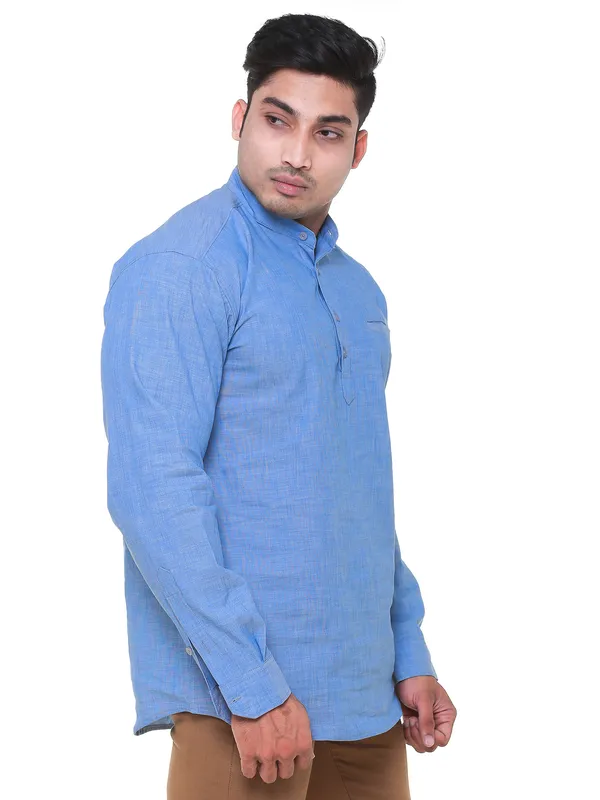 Sky_Blue_Denim_Plus_Size_Linen_Chinese_Collar_Full_Sleeve_Short_Kurta_For_Men