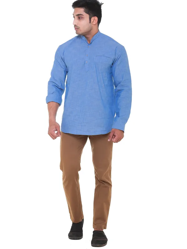 Sky_Blue_Denim_Plus_Size_Linen_Chinese_Collar_Full_Sleeve_Short_Kurta_For_Men