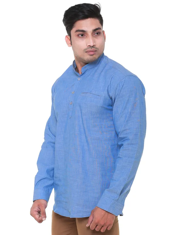 Sky_Blue_Denim_Plus_Size_Linen_Chinese_Collar_Full_Sleeve_Short_Kurta_For_Men