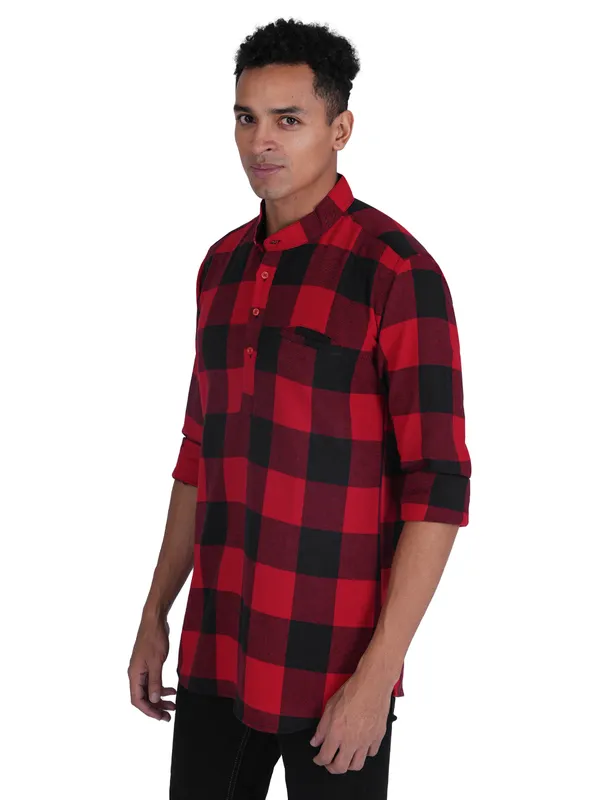 Red_Checks_Plus_Size_Linen_Chinese_Collar_Full_Sleeve_Short_Kurta_For_Men