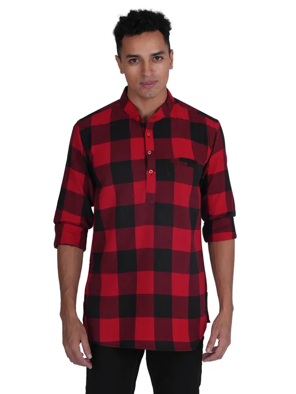 Red_Checks_Plus_Size_Linen_Chinese_Collar_Full_Sleeve_Short_Kurta_For_Men