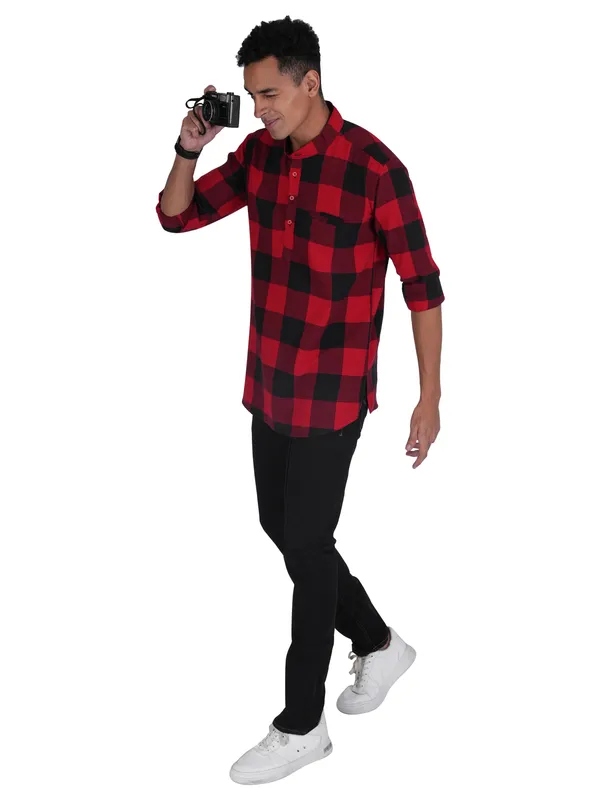Red_Checks_Plus_Size_Linen_Chinese_Collar_Full_Sleeve_Short_Kurta_For_Men