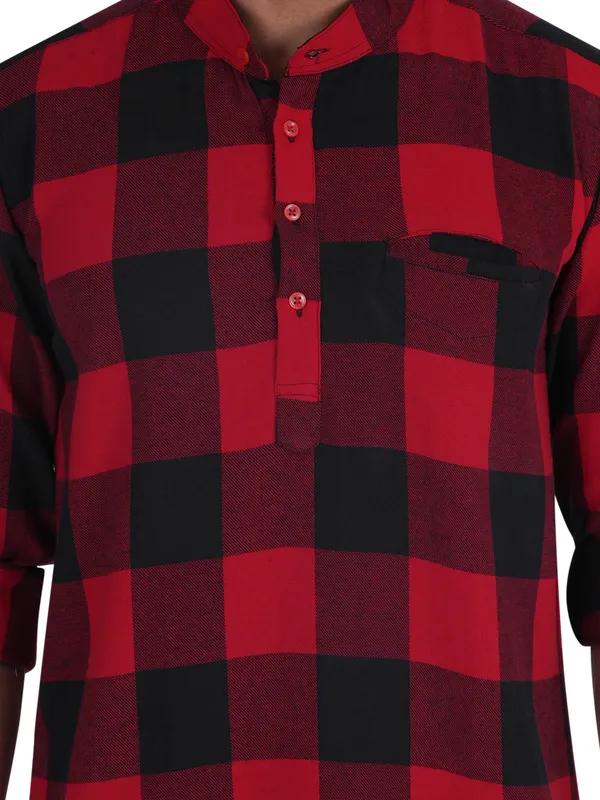 Red_Checks_Plus_Size_Linen_Chinese_Collar_Full_Sleeve_Short_Kurta_For_Men