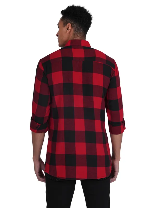 Red_Checks_Plus_Size_Linen_Chinese_Collar_Full_Sleeve_Short_Kurta_For_Men