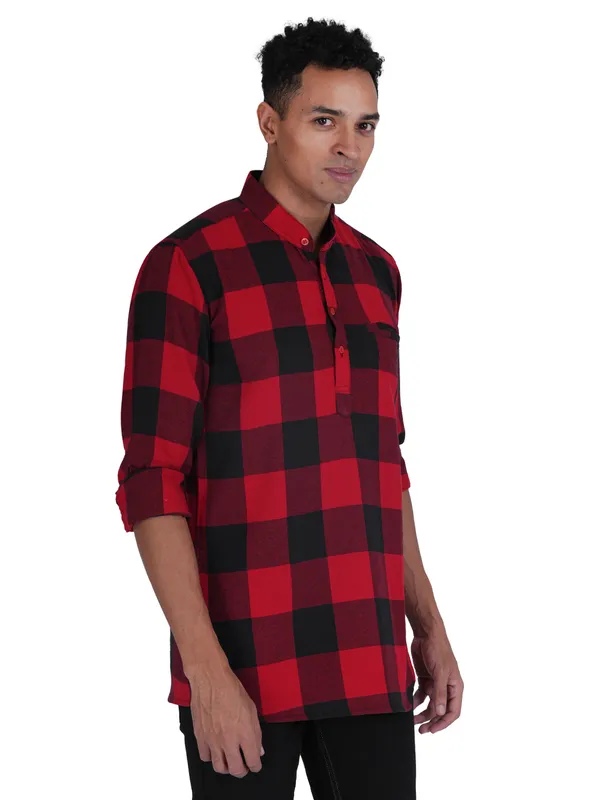 Red_Checks_Plus_Size_Linen_Chinese_Collar_Full_Sleeve_Short_Kurta_For_Men