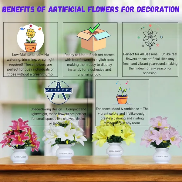 Multicolour_Artificial_Flowers_For_Decoration_With_Pot_(Set_Of_4)_Realistic_Lily_Flowers_For_Home_Indoor_Living_Room_Bedroom_Decor_Durable_Material_Lifelike_Look