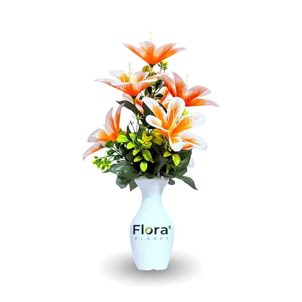 Orange_Artificial_Lily_Flower_Pot_With_7_Blooming_Flowers_&_Green_Leaves_8_Colour_Options_Home_Decor_Living_Room_Office_Table_Gift_Item