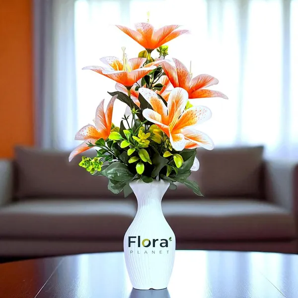 Orange_Artificial_Lily_Flower_Pot_With_7_Blooming_Flowers_&_Green_Leaves_8_Colour_Options_Home_Decor_Living_Room_Office_Table_Gift_Item