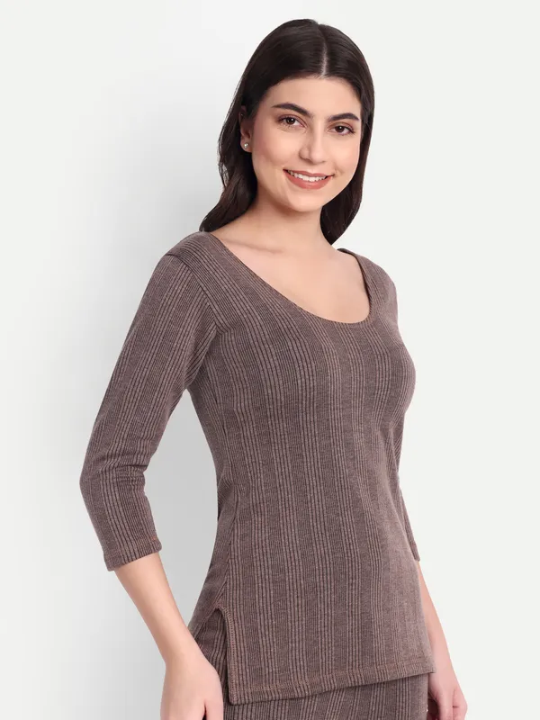 Coffee_Cotton_Blend_Three_Quarter_Thermal_Top_For_WoMen