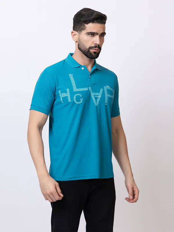 Teal_Casual_Print_Polo_Shirt