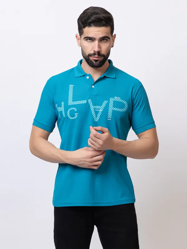 Teal_Casual_Print_Polo_Shirt