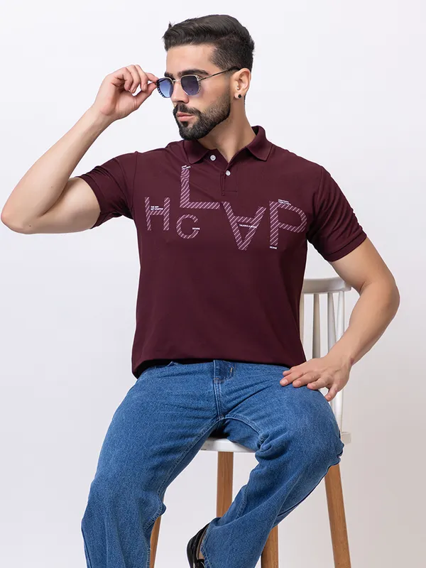 Wine_Casual_Print_Polo_Shirt