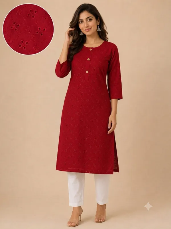 Maroon_Cotton_Embroidered_Kurti_For_Women