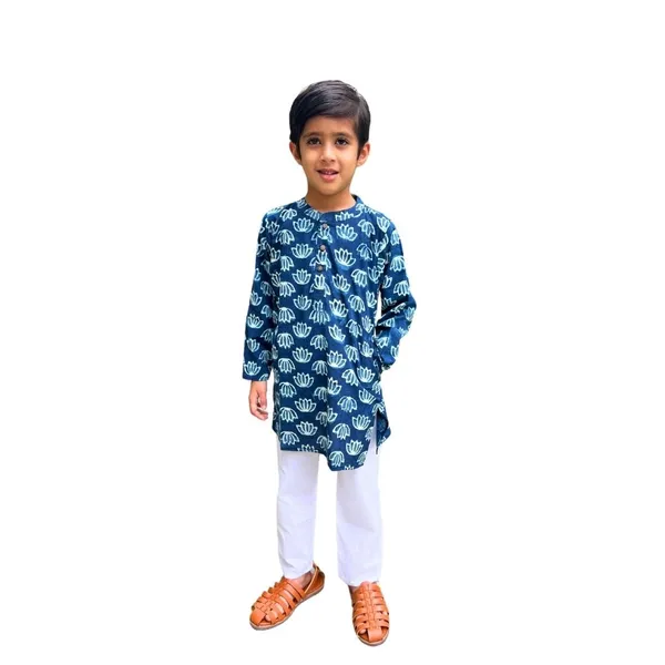 Blue_Pure_Cotton_Regular_Fit_Full_Sleeve_Kurta_Pyjama_Set_For_Boys