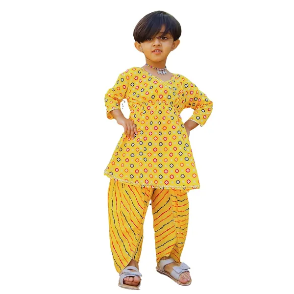 Yellow_Pure_Cotton_Regular_Fit_Kurta_&_Dhoti_Pant_Set_For_Girls