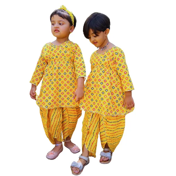 Yellow_Pure_Cotton_Regular_Fit_Kurta_&_Dhoti_Pant_Set_For_Girls