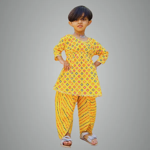 Yellow_Pure_Cotton_Regular_Fit_Kurta_&_Dhoti_Pant_Set_For_Girls