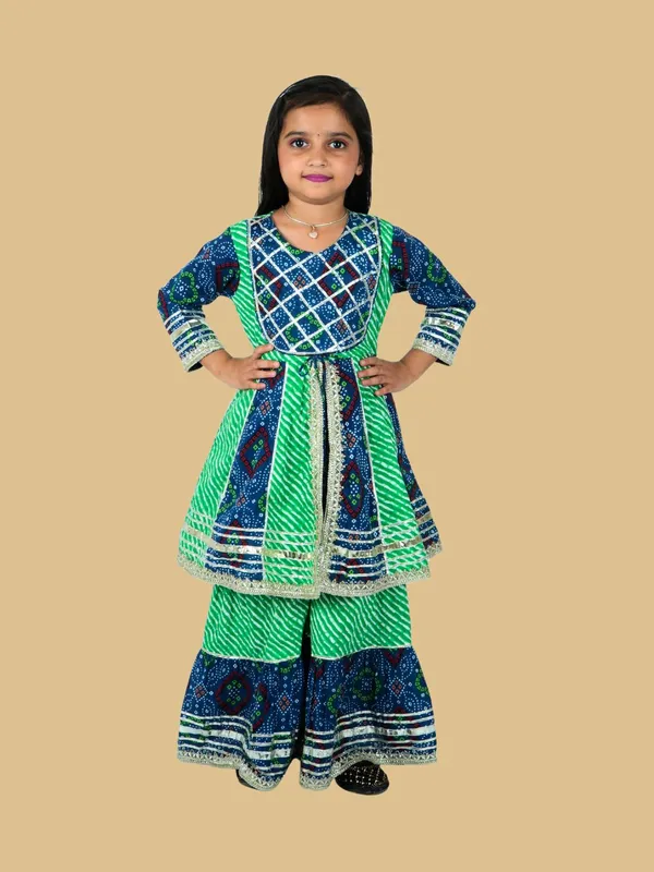 Girls_Green_&_Blue_Cotton_Sharara_Set_with_Gotta_Work