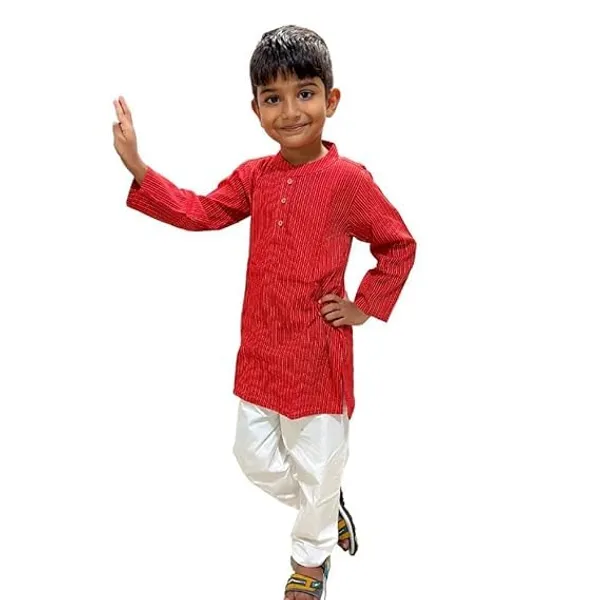 Red_Pure_Cotton_Regular_Fit_Full_Sleeve_Kurta_Pyjama_Set_For_Boys