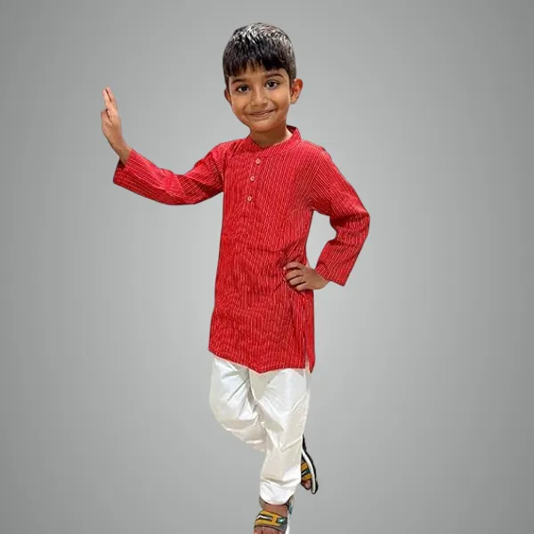 Red_Pure_Cotton_Regular_Fit_Full_Sleeve_Kurta_Pyjama_Set_For_Boys