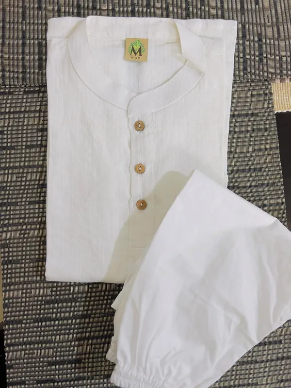 White_Pure_Cotton_Regular_Fit_Full_Sleeve_Kurta_Pyjama_Set_For_Boys