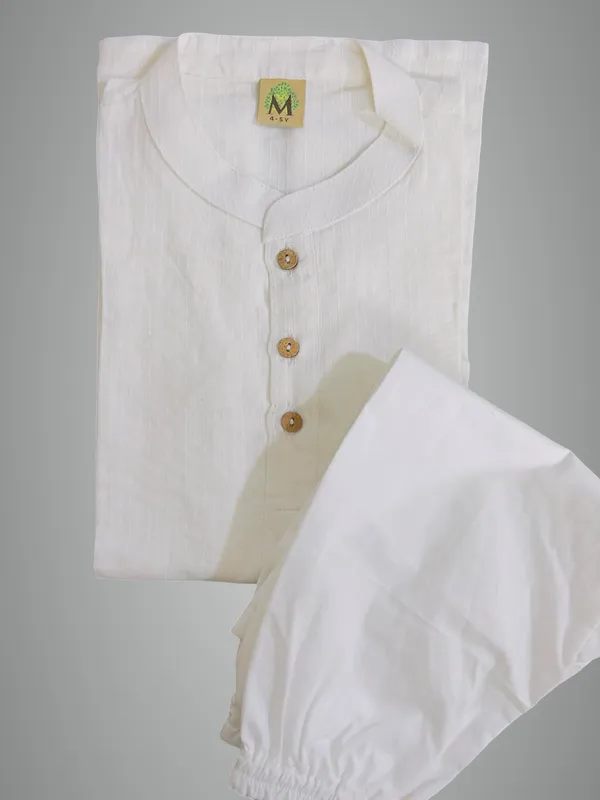 White_Pure_Cotton_Regular_Fit_Full_Sleeve_Kurta_Pyjama_Set_For_Boys