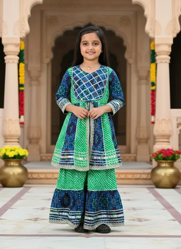 Girls_Green_&_Blue_Cotton_Sharara_Set_with_Gotta_Work
