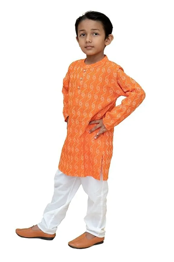 Orange_Pure_Cotton_Regular_Fit_Full_Sleeve_Kurta_Pyjama_Set_For_Boys