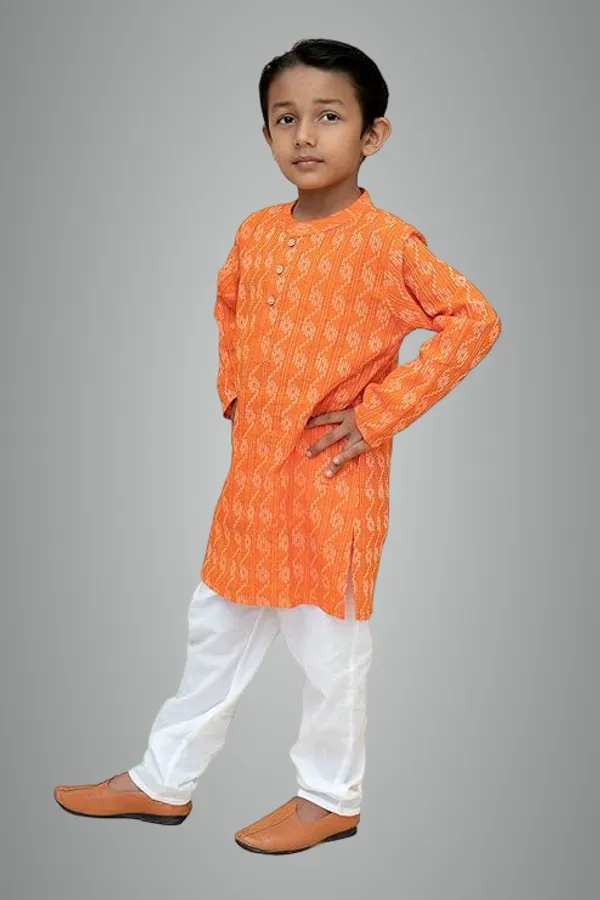 Orange_Pure_Cotton_Regular_Fit_Full_Sleeve_Kurta_Pyjama_Set_For_Boys