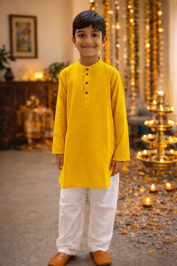 Yellow_Pure_Cotton_Regular_Fit_Full_Sleeve_Kurta_Pyjama_Set_For_Boys